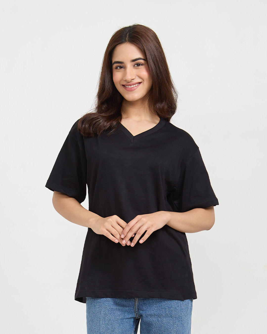 Black Plain V-Neck Oversize T-Shirt