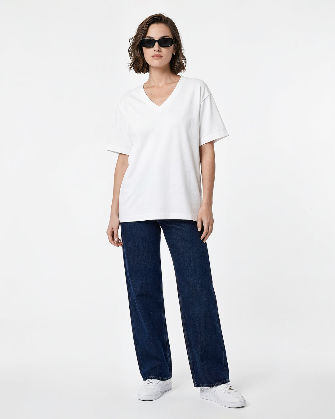 White Plain V-Neck Oversize T-Shirt