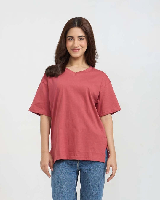 Brick Plain V-Neck Oversized T-Shirt