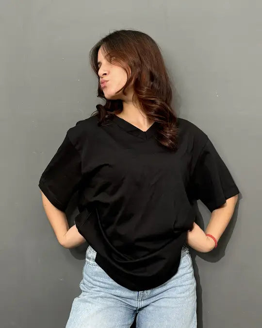 RB Black Plain V-Neck Oversize T-Shirt