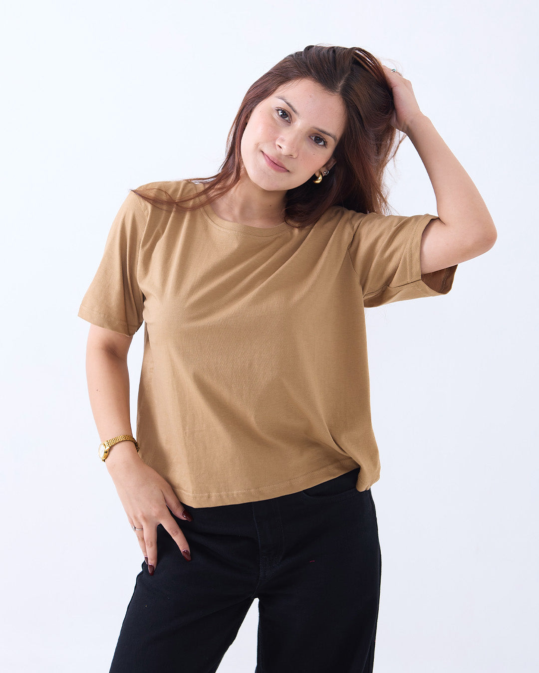 Camel Plain Boxy T-Shirt
