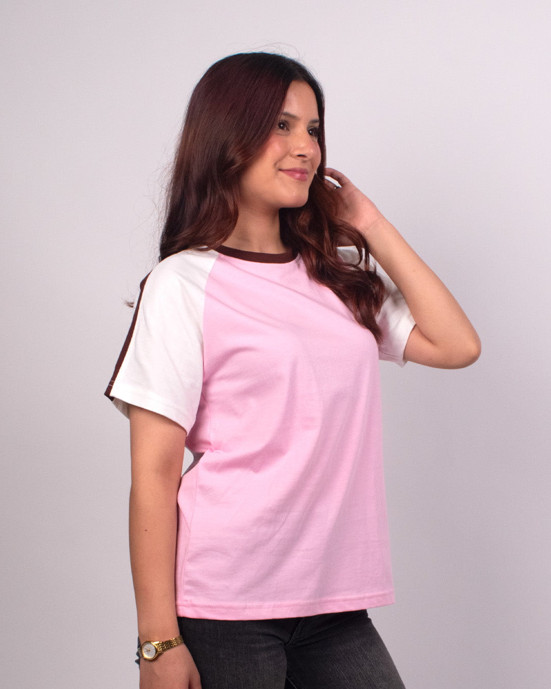 Pink Edgy Plain T-Shirt - pink body with white sleeves and brown neckline trim, regular tee worn by model