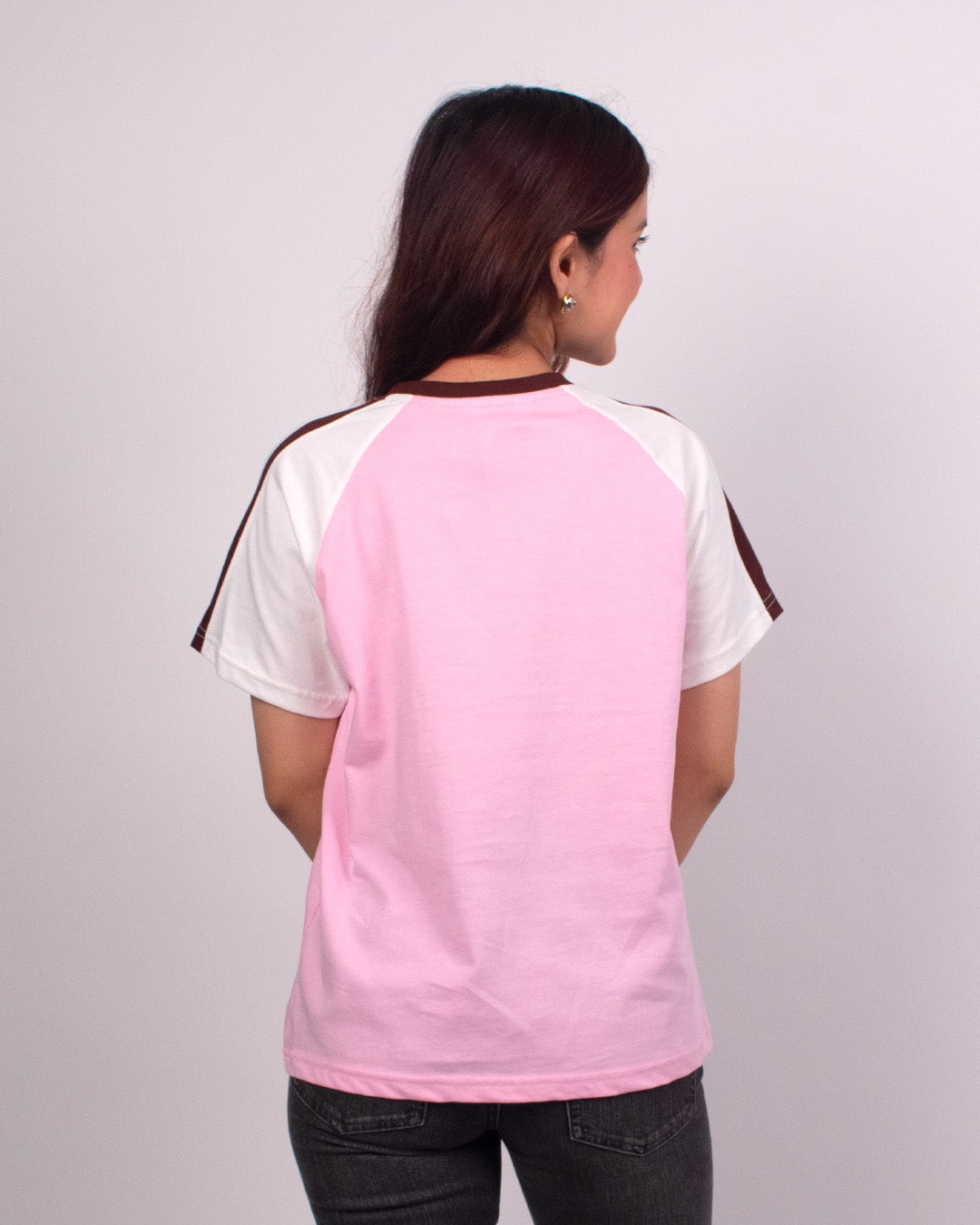 Pink Edgy Plain T-Shirt – pink body with white raglan sleeves and brown trim, regular-fit color-block tee