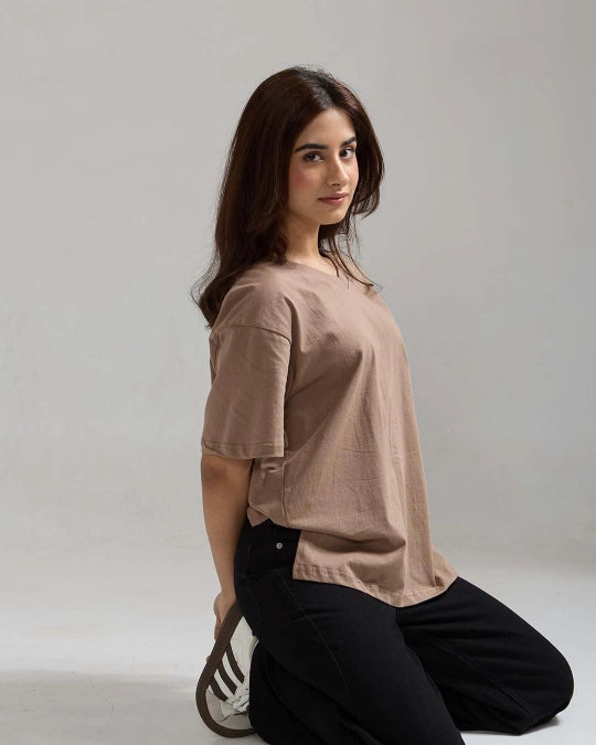 Camel Plain V-Neck Oversize T-Shirt
