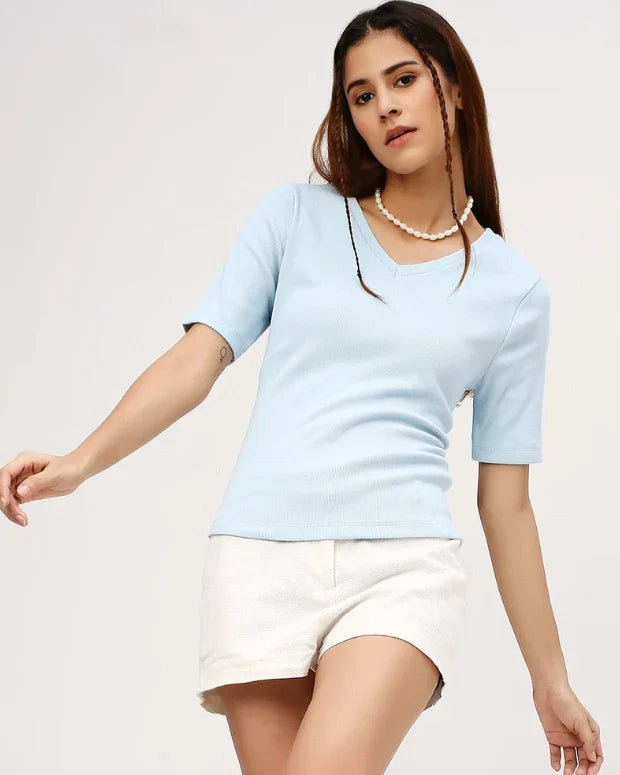 Sky Blue V-Neck Ribbed Top