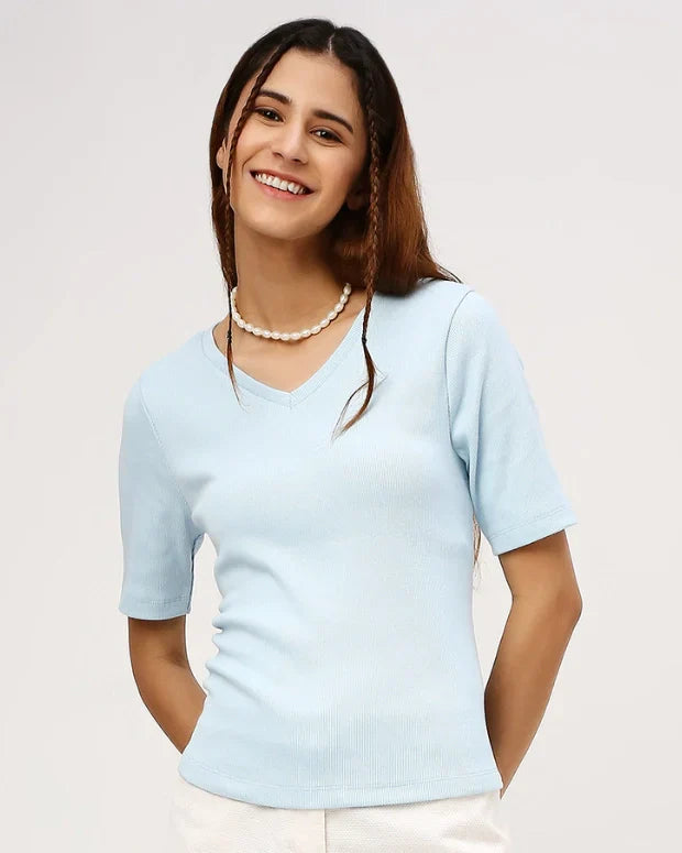 Sky Blue V-Neck Ribbed Top