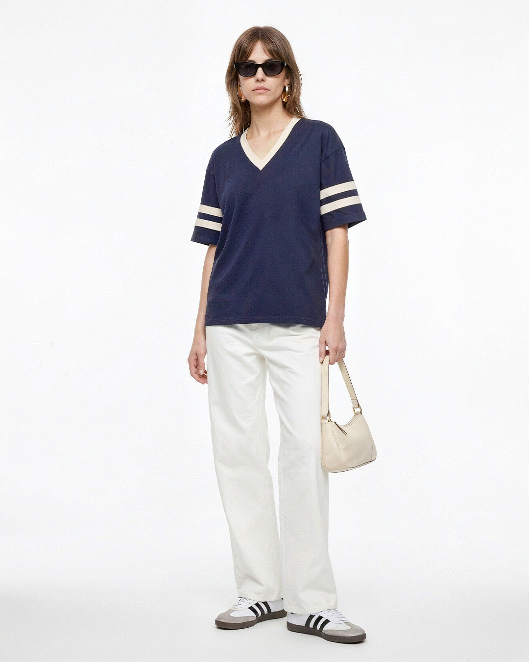 Navy Blue Courtside V-Neck Plain Oversize T-Shirt