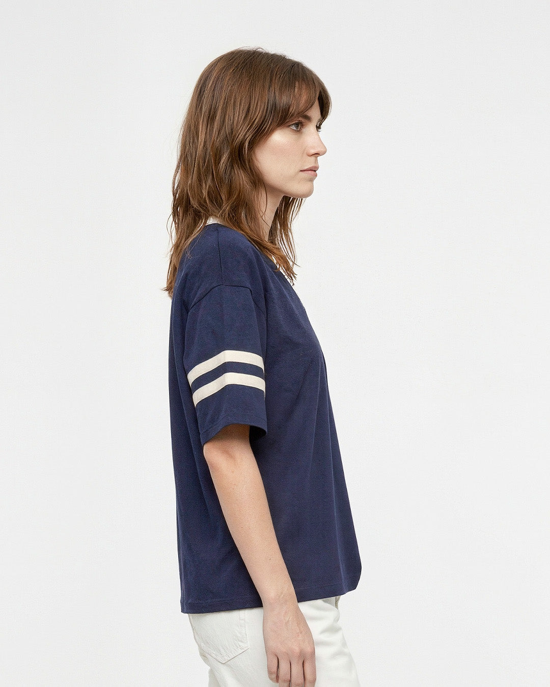 Navy Blue Courtside V-Neck Plain Oversize T-Shirt
