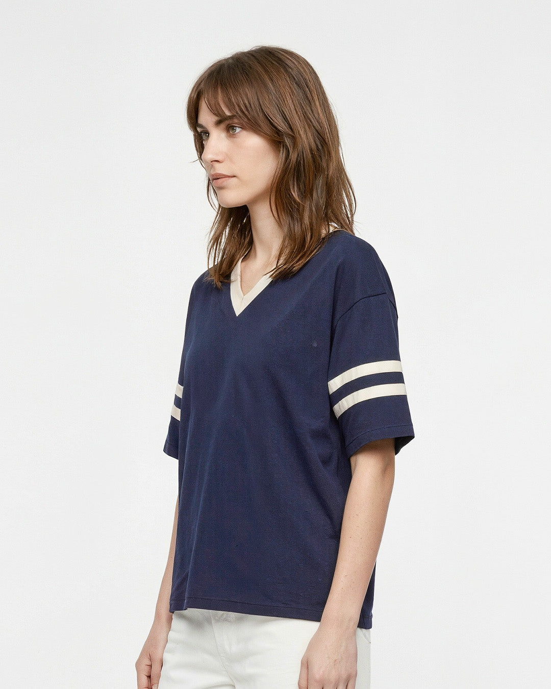 Navy Blue Courtside V-Neck Plain Oversize T-Shirt