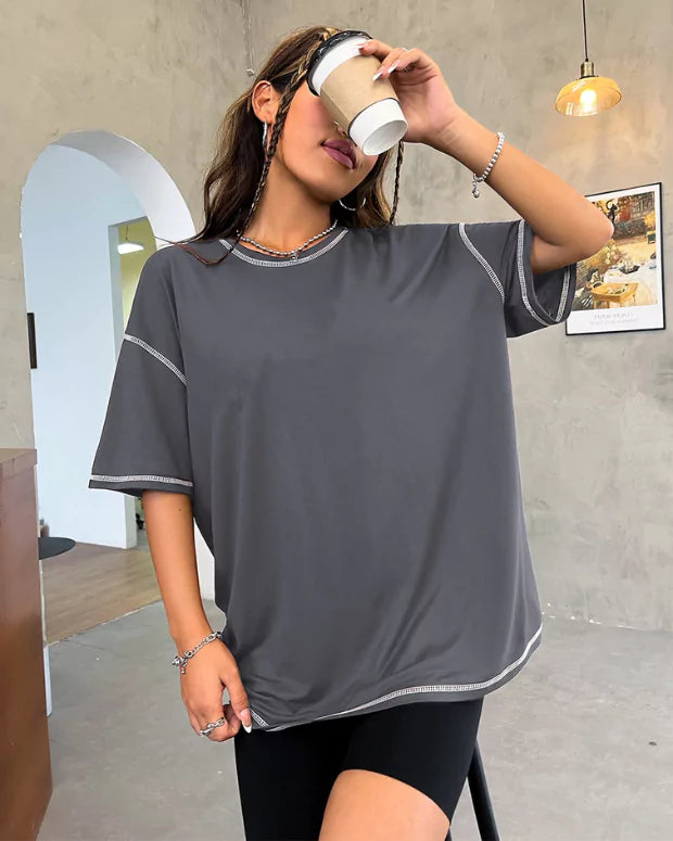 Dark Grey Reverse Weave Plain Oversized T-Shirt