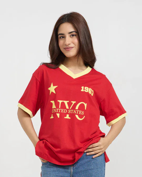 1963 Tap-Out V-Neck Oversize T-Shirt - red with yellow trim, front graphic, worn by model