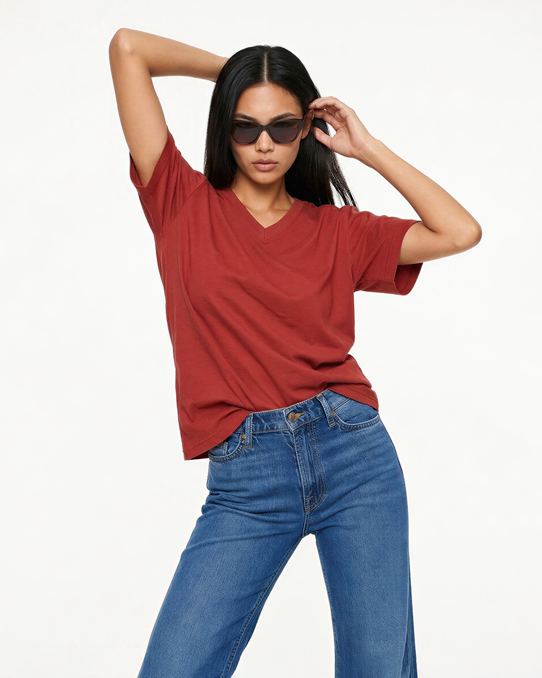 Brick Plain V-Neck Oversized T-Shirt