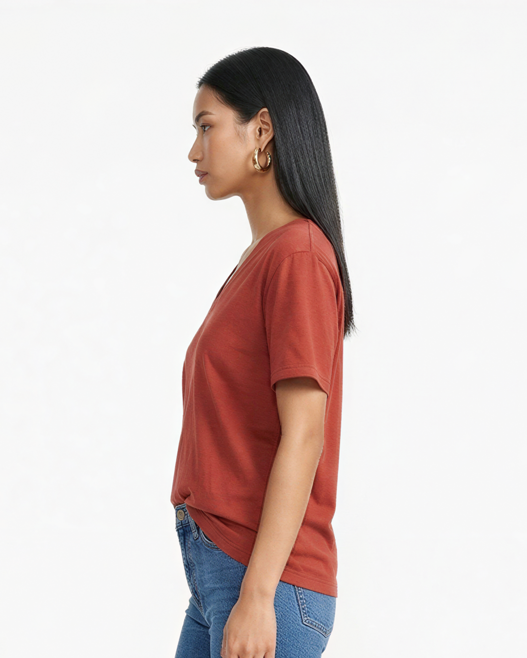 Brick Plain V-Neck Oversized T-Shirt