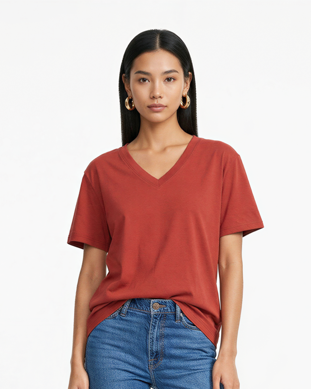 Brick Plain V-Neck Oversized T-Shirt