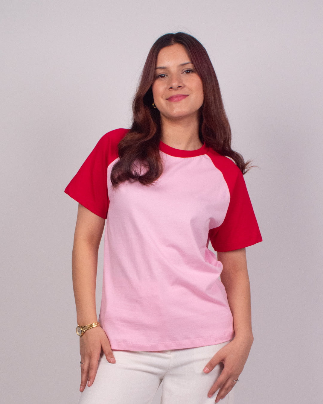 Pink Raglan Plain T-Shirt, pink body with red sleeves, DKY regular tee worn by model.