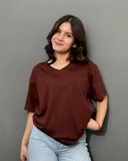 Brown Plain V-Neck Oversize T-Shirt
