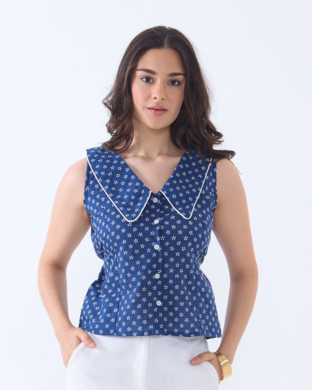 Blue Poppy Collar Top