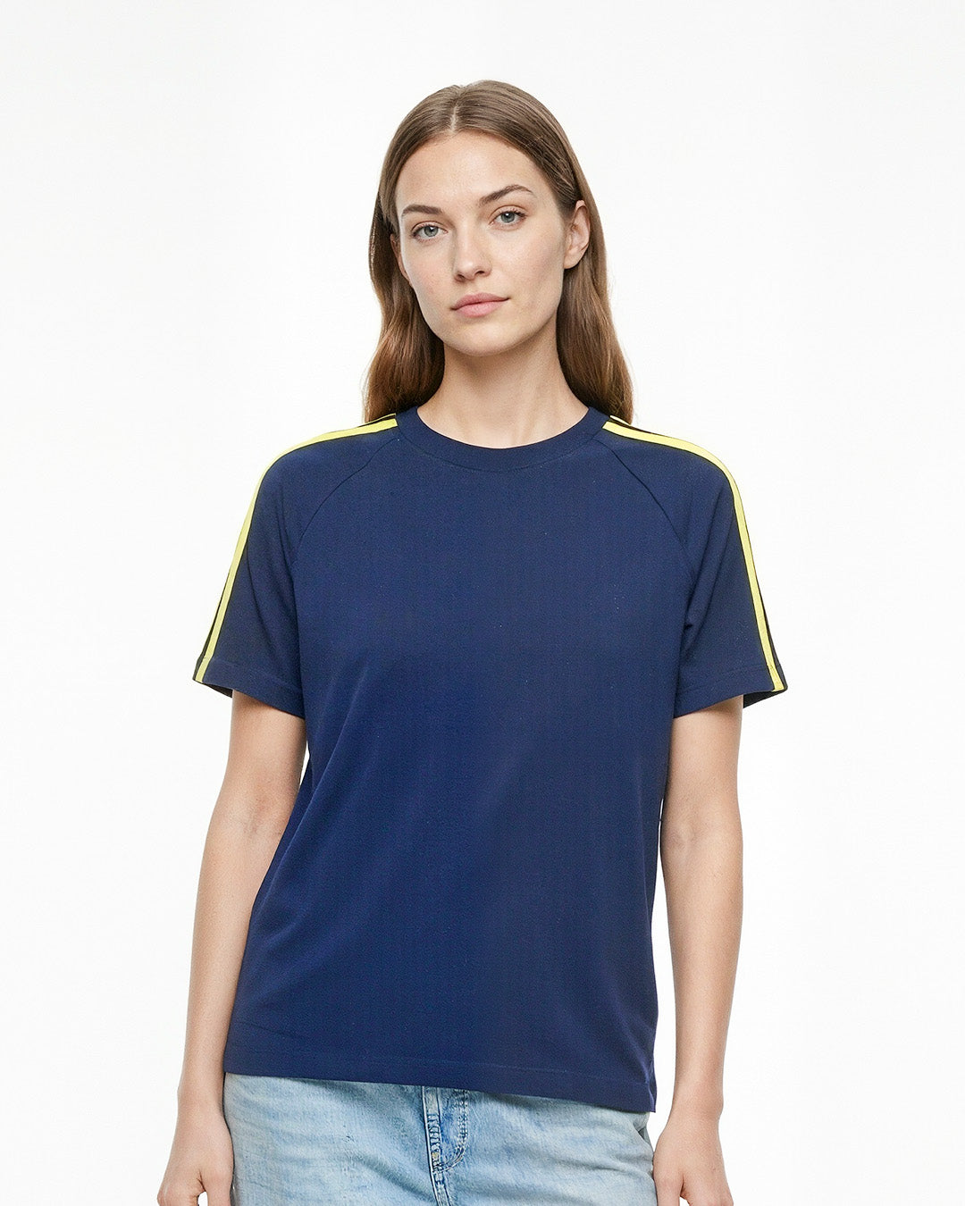 Navy Blue-Yellow Curve Plain T-Shirt