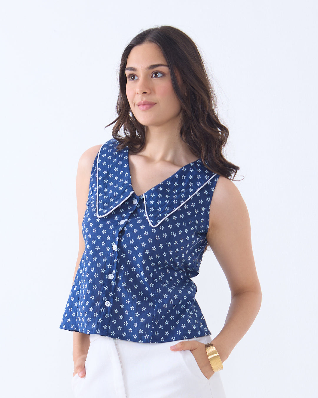 Blue Poppy Collar Top