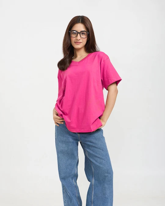 Hot Pink Plain V-Neck Oversized T-Shirt