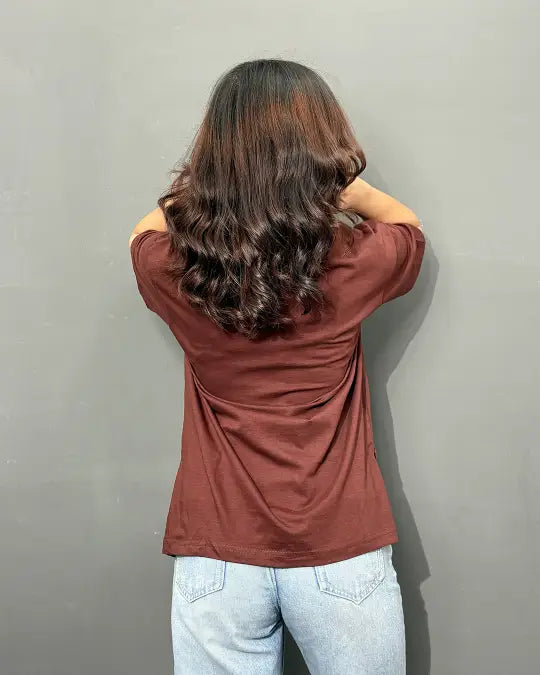 Brown Plain V-Neck Oversize T-Shirt