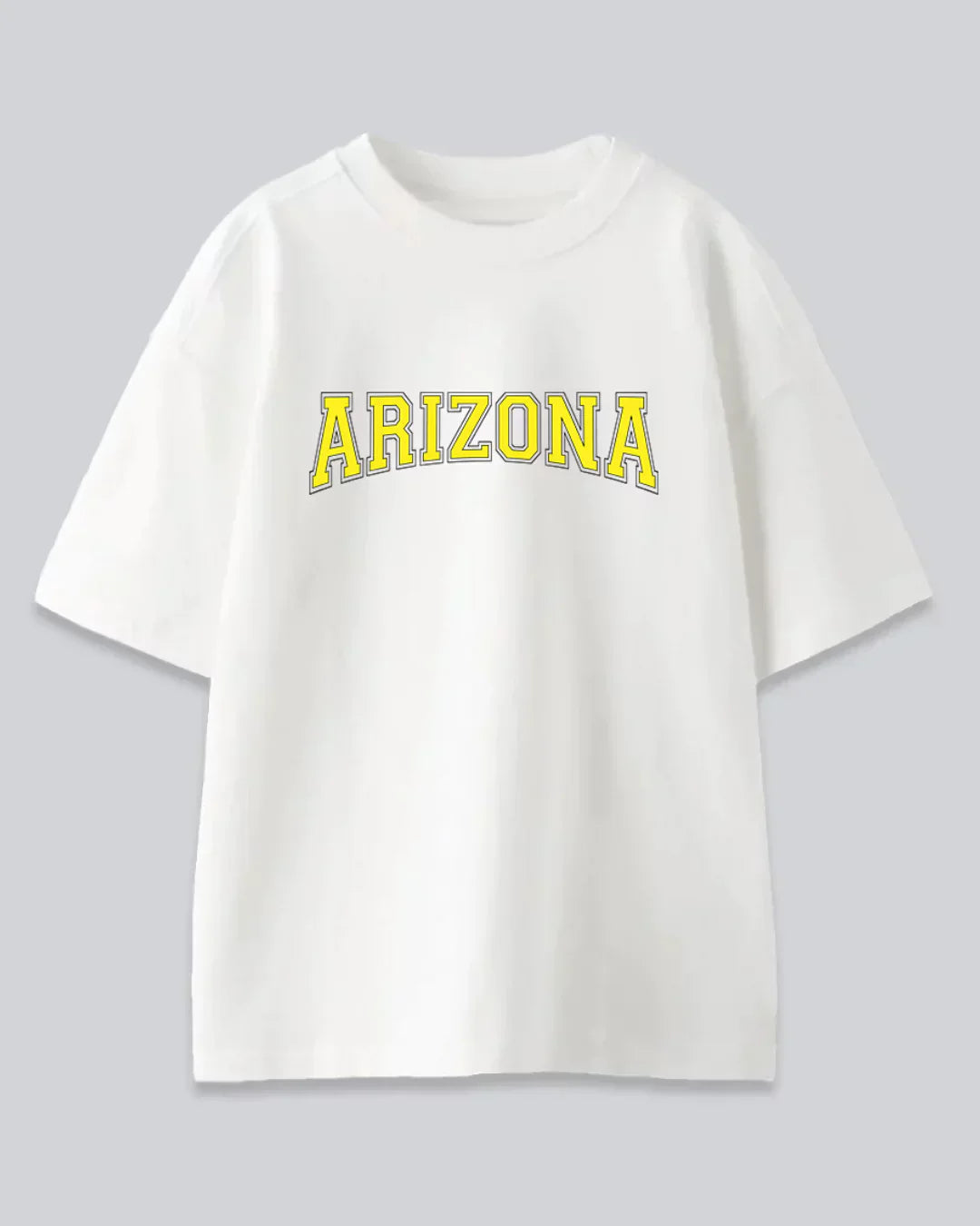 Arlo Arizona Oversized T-Shirt โ white cotton tee with yellow ARIZONA arch graphic
