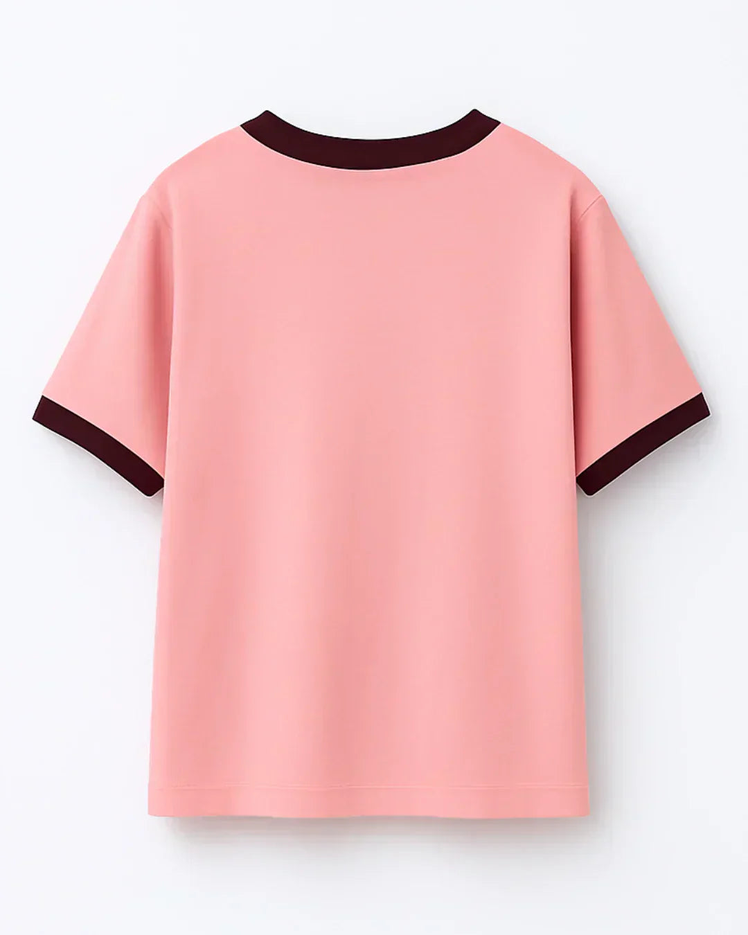 33 Tap-Out V-Neck Oversize T-Shirt ā pink oversized shirt with burgundy neck trim and sleeve cuffs, back view, DKY
