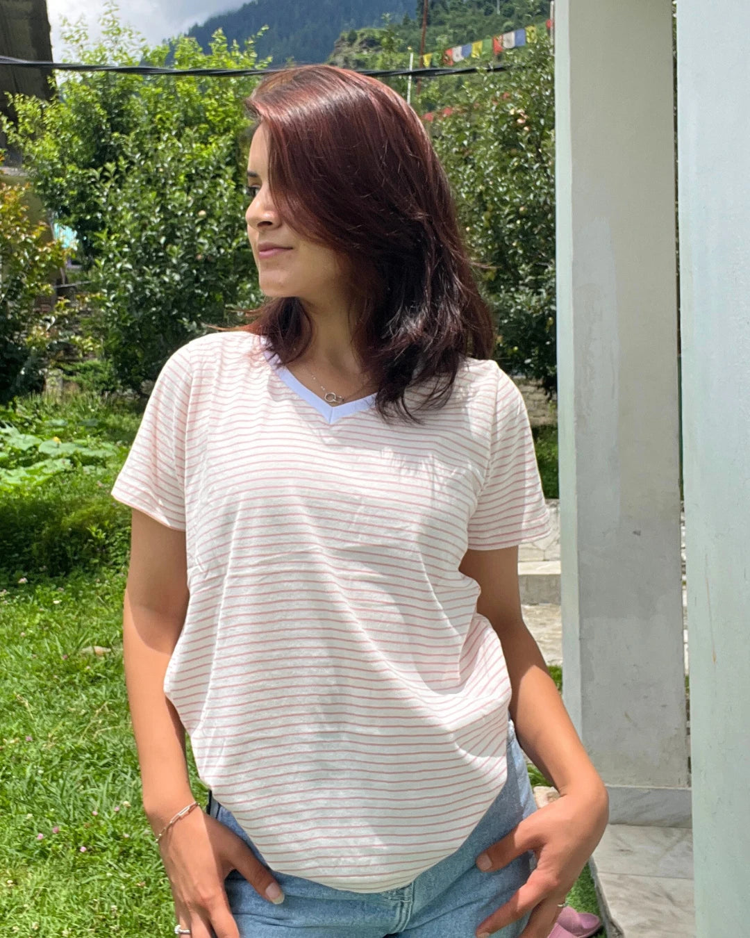 Pinky Stripe V-Neck T-Shirt