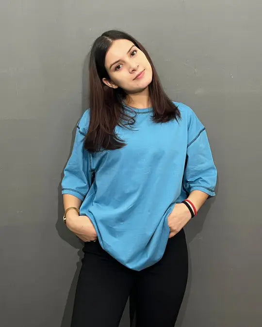 Denim Blue Reverse Weave Plain Oversized T-Shirt