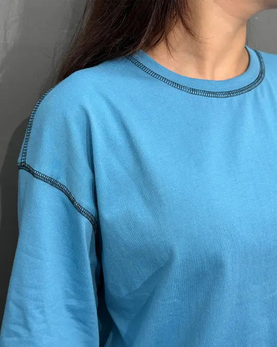 Denim Blue Reverse Weave Plain Oversized T-Shirt
