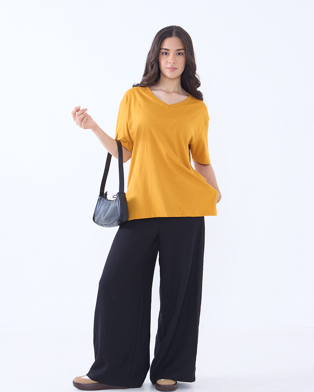 Mustard Plain V-Neck Oversized T-Shirt