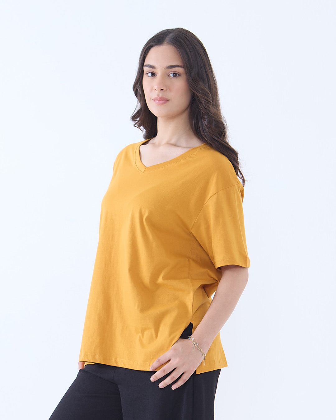 Mustard Plain V-Neck Oversized T-Shirt