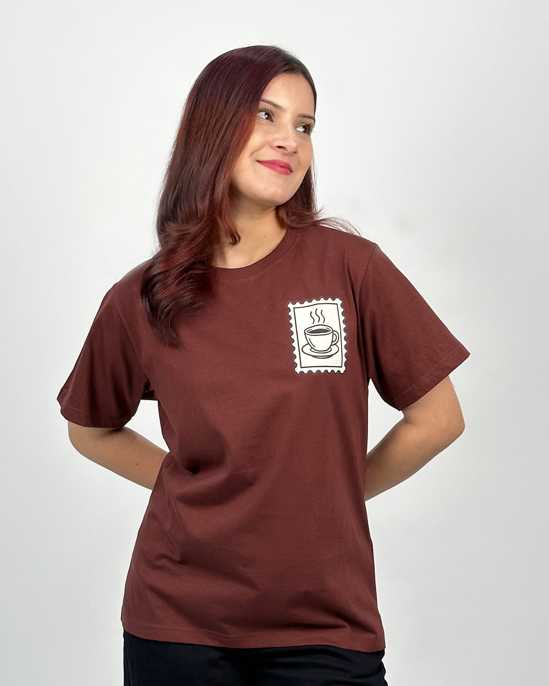 Latte Stamp Oversized T-Shirt – brown DKY tee with a white coffee cup stamp graphic on the chest, worn by model