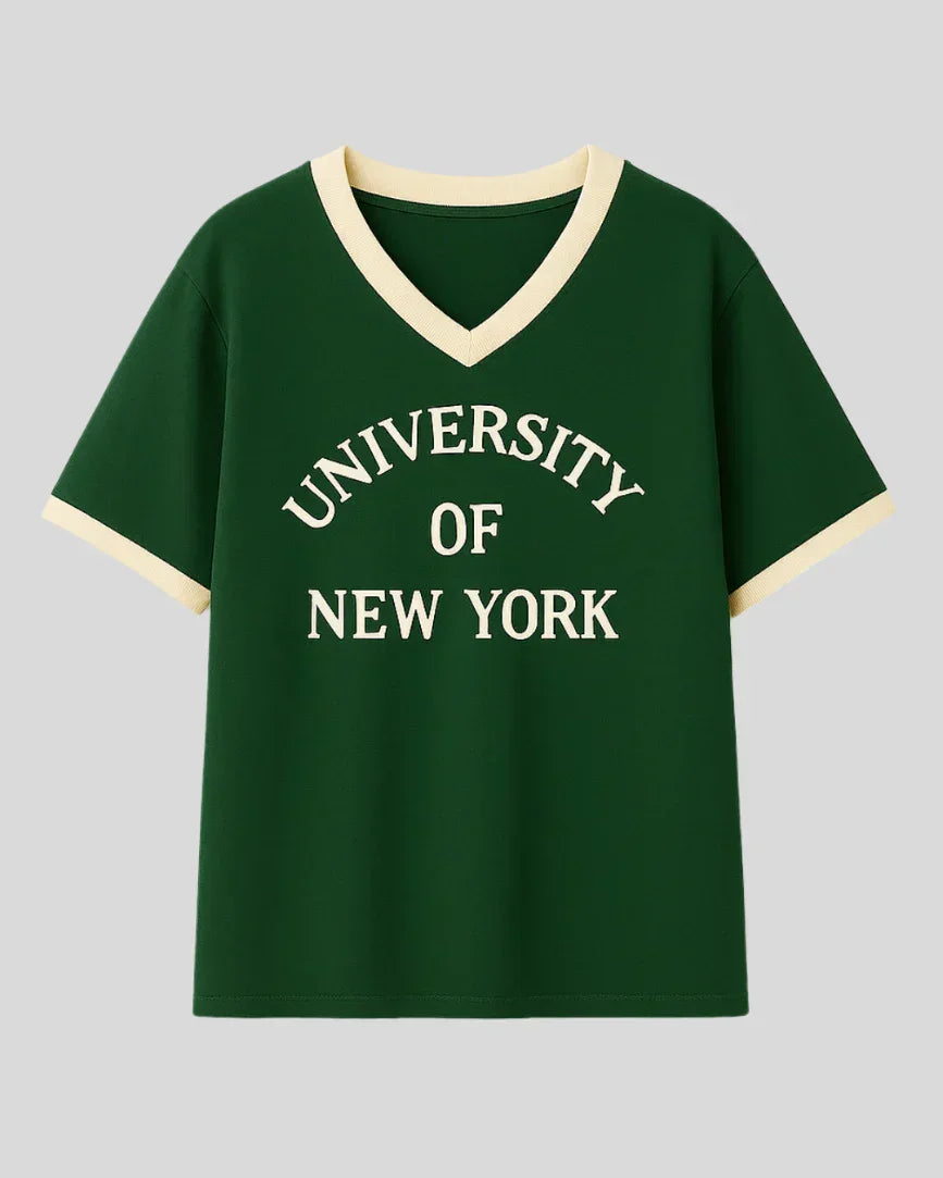 Uni NY Tap-Out V-Neck Oversize T-Shirt ā green oversized V-neck tee with University of New York print