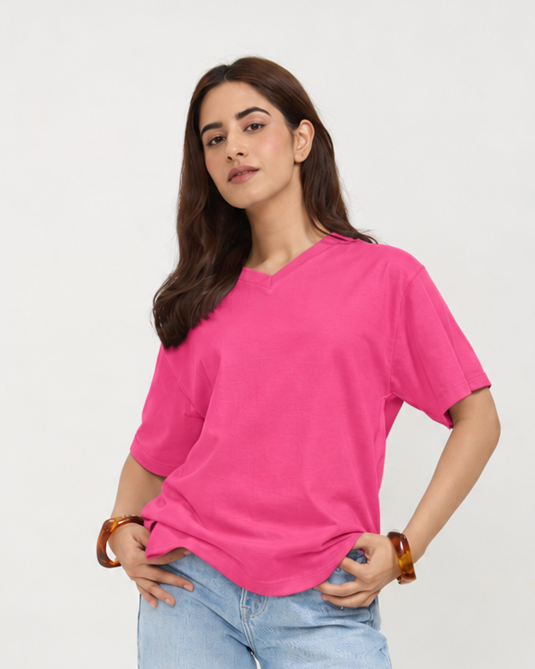 Hot Pink Plain V-Neck Oversized T-Shirt