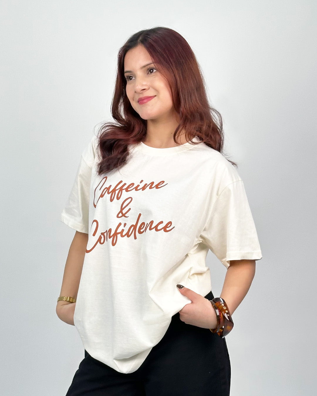 Caffeine N Confidence Oversized T-Shirt - cream/white, loose fit with brown graphic text Caffeine & Confidence, worn by model