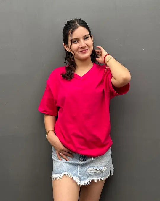 RB Hot Pink Plain V-Neck Oversize T-Shirt