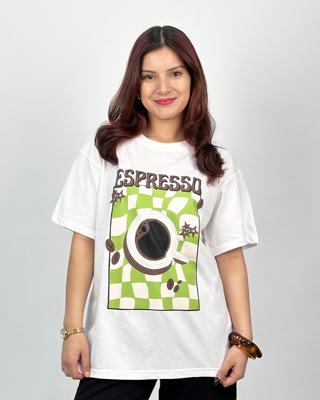 Vintage Espresso Oversized T-Shirt - white DKY OS graphic tee with espresso cup on green checkerboard, worn by model