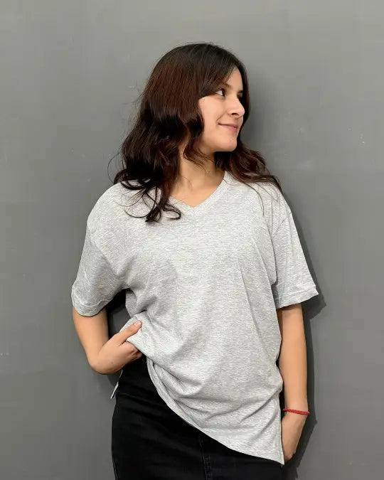 Grey Melange Plain V-Neck Oversized T-Shirt