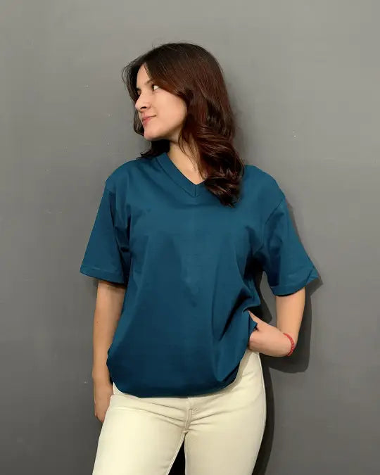 RB Turquoise Plain V-Neck Oversize T-Shirt
