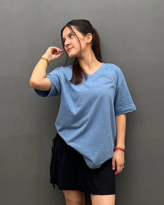 RB Dusky Blue Plain V-Neck Oversize T-Shirt
