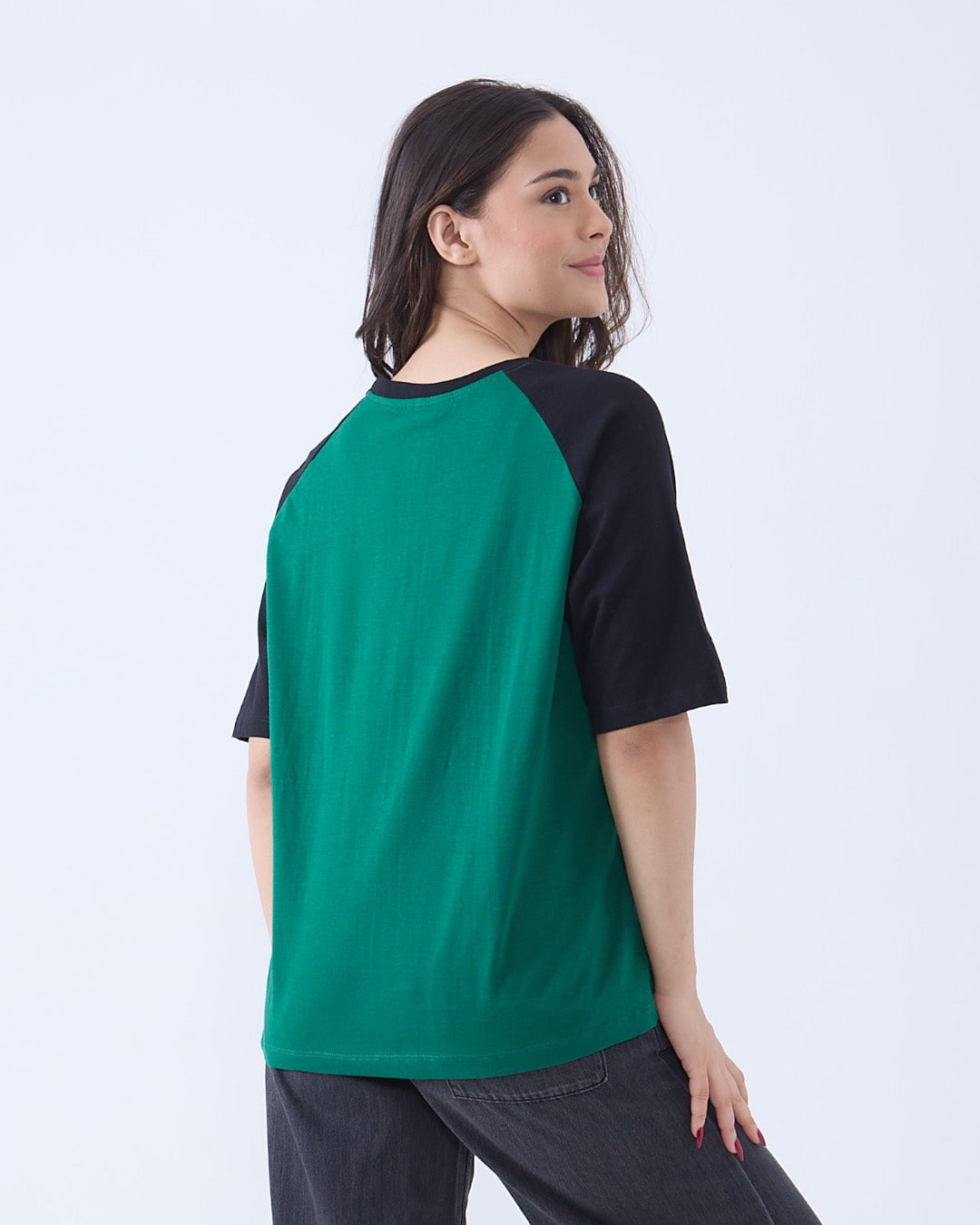 Chicago Raglan Oversize T-Shirt - green body with black raglan sleeves, oversized fit, DKY, worn by model