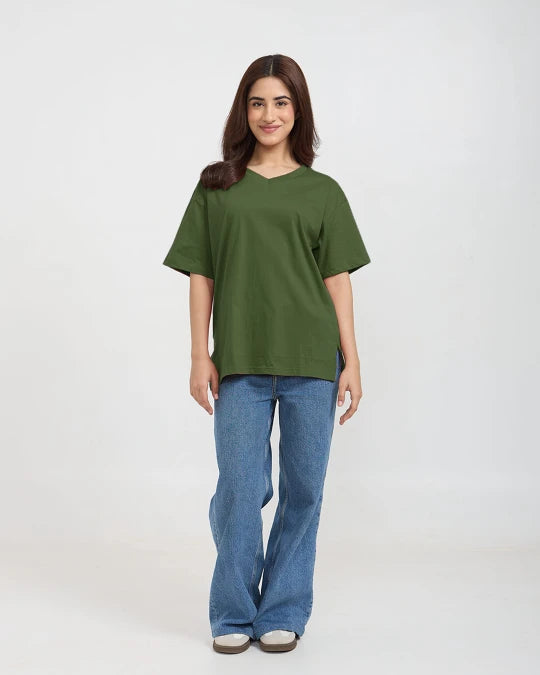 Olive Green Plain V-Neck Oversize T-Shirt