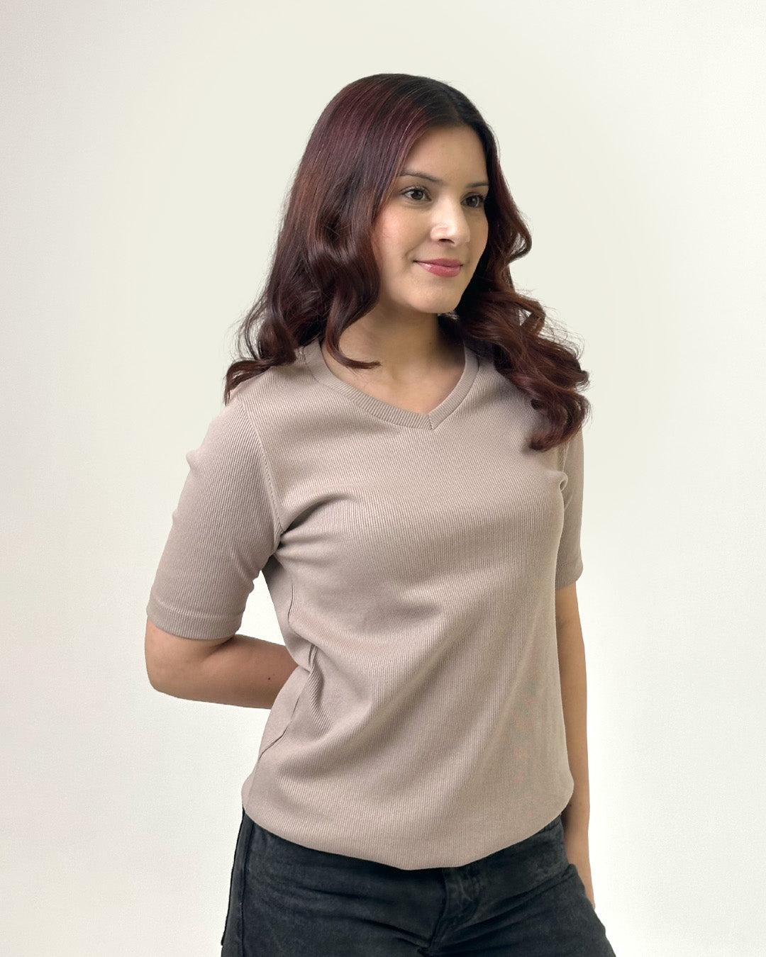 Camel V-Neck Ribbed Top