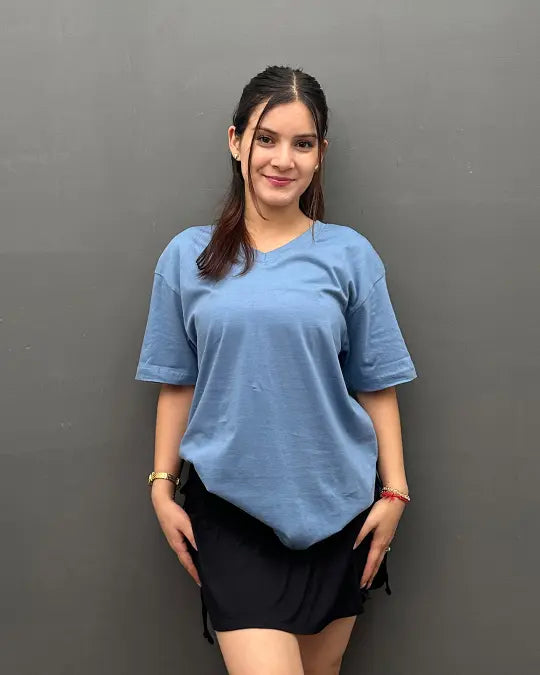RB Dusky Blue Plain V-Neck Oversize T-Shirt