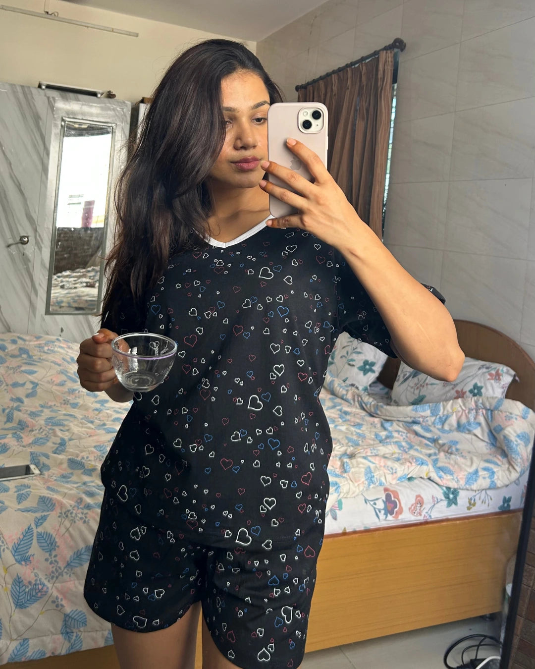 Black Hearts Cotton Shorts Set