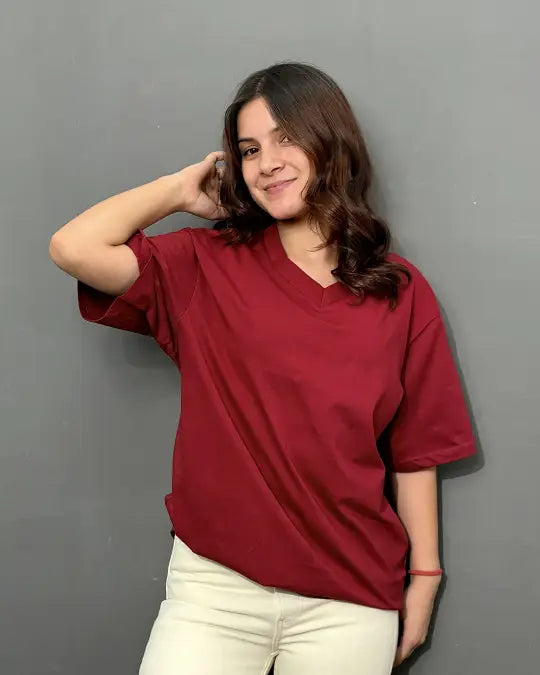 RB Maroon Plain V-Neck Oversize T-Shirt