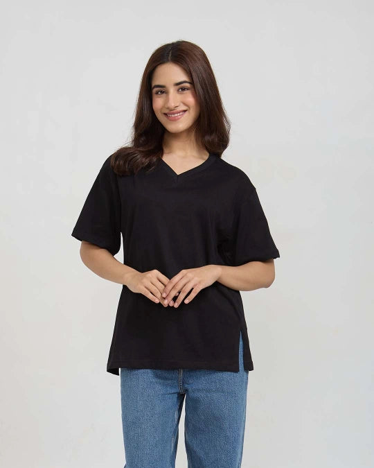 Black Plain V-Neck Oversize T-Shirt