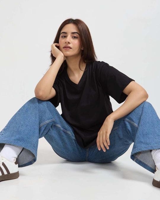 Black Plain V-Neck Oversize T-Shirt
