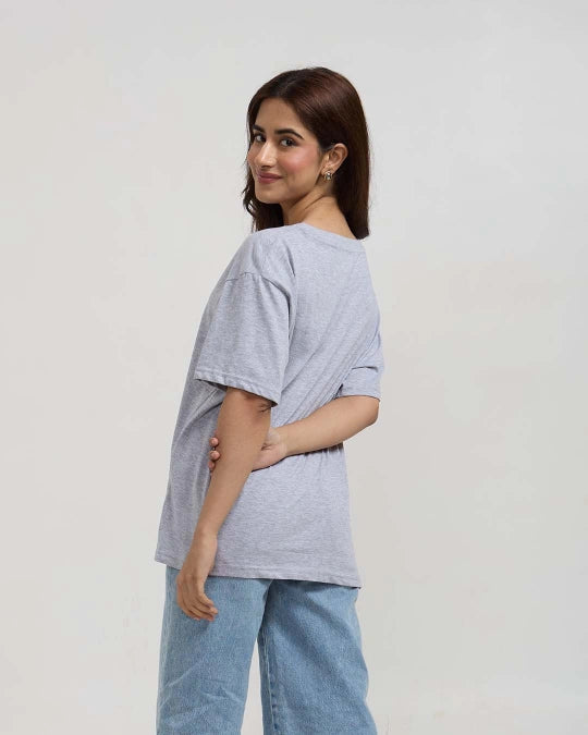 Grey Melange Plain V-Neck Oversized T-Shirt